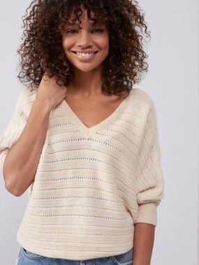 V-Neck Oversized Knit Sweater in Beige